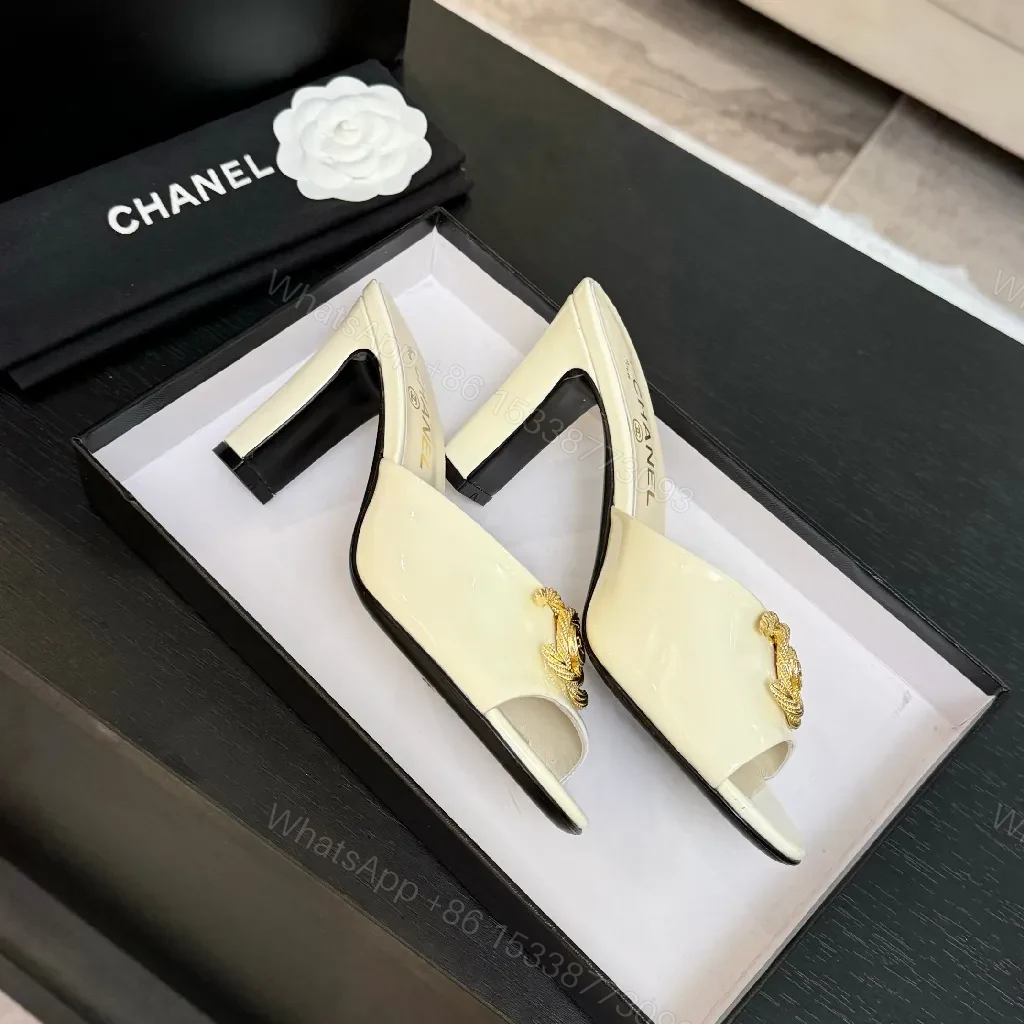View 4 of Patent Leather Mules – Ivory, Open-Toe, Gold Emblem, All-Day Comfort