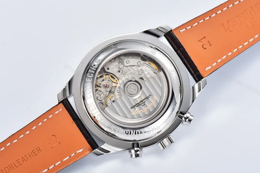 View 9 of Longines Master Collection Moonphase Chronograph Watch Silver Dial Blue Hands Brown Leather Strap 42mm Case