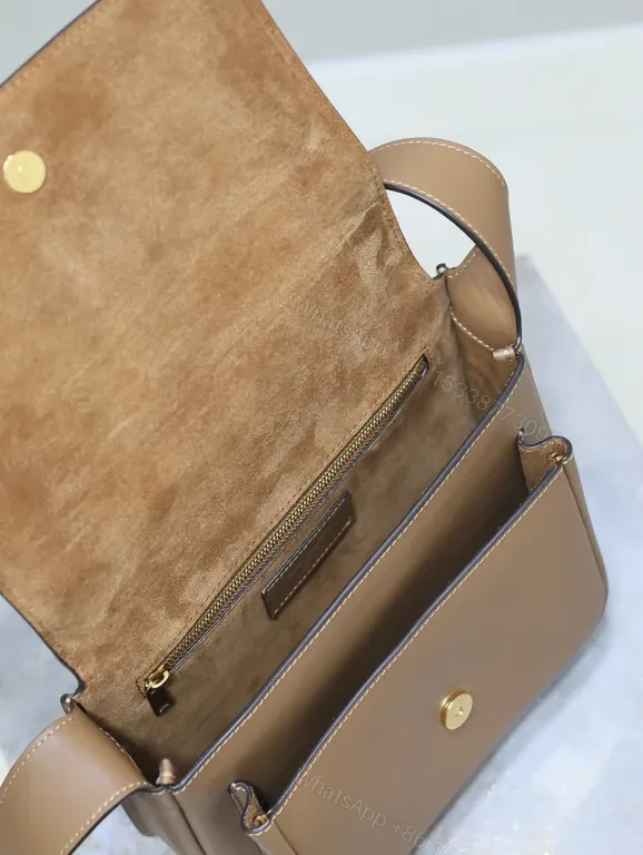 View 3 of Taupe Structured Leather Messenger Bag with Gold Logo, Minimalist Style