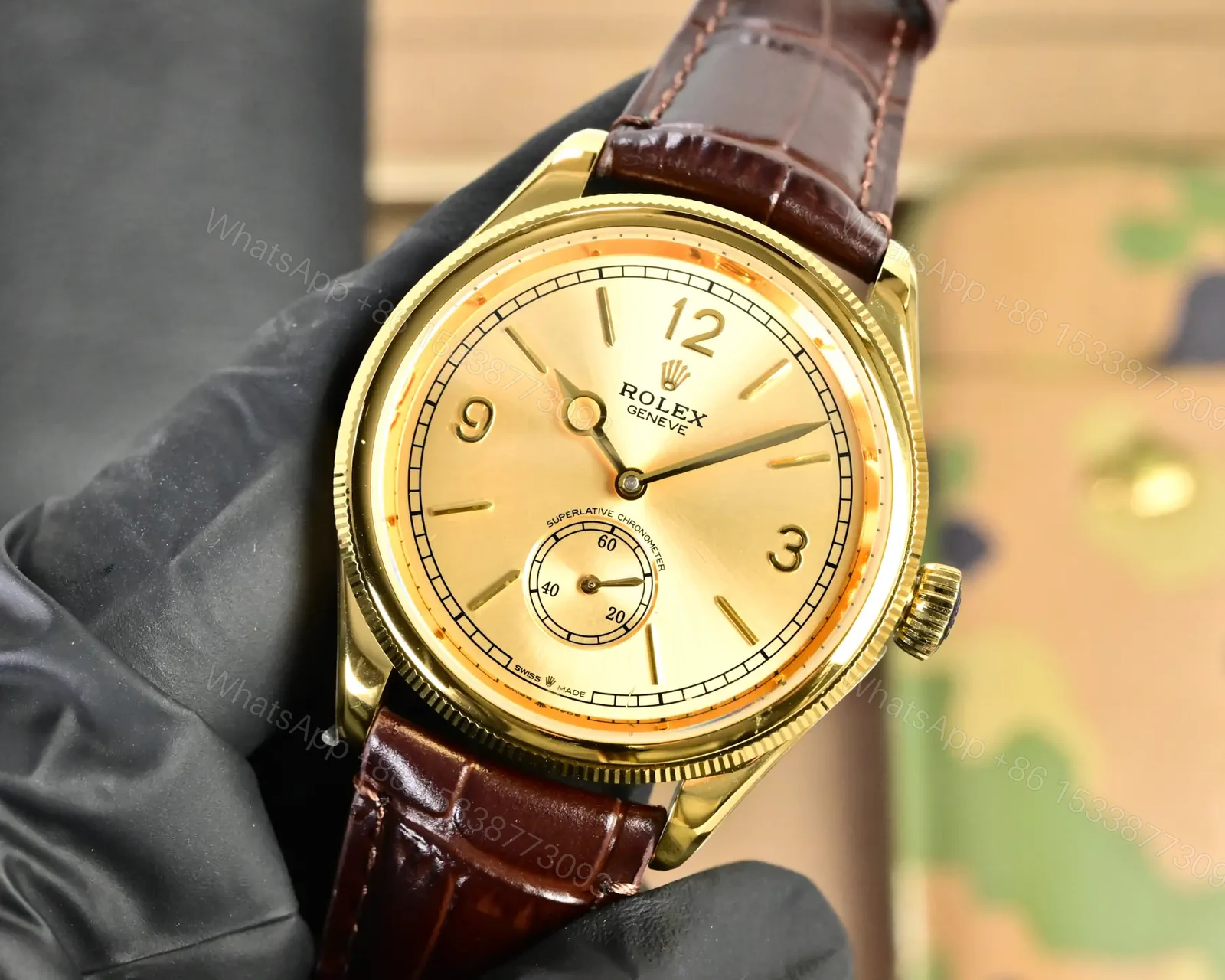 View 3 of Best Rolex 1908 Gold Leather Strap replica 39MM Champagne Dial Edition RG-1908-GOLD-CHAMPAGNE-LEATHER-39