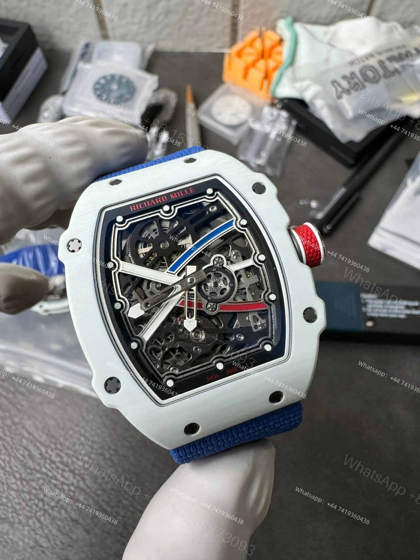 View 9 of Super Clone Richard Mille RM67-02 White Ceramic Skeleton Tourbillon 1:1 Replica Watch with Blue Strap