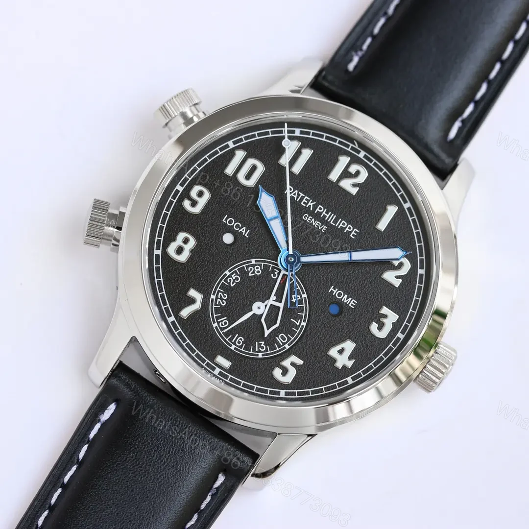 View 3 of Patek Philippe Calatrava Pilot Travel Time Watch Dual Time Zone Rose Gold Coffee/Deep Blue Dial 42mm Stainless Steel Case Blue Leather Strap