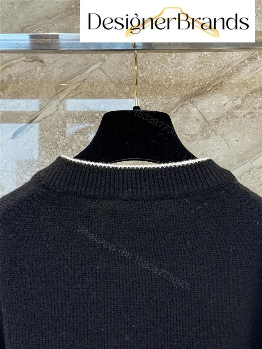 View 8 of Black Knit Cardigan with Piping & Gold Accents