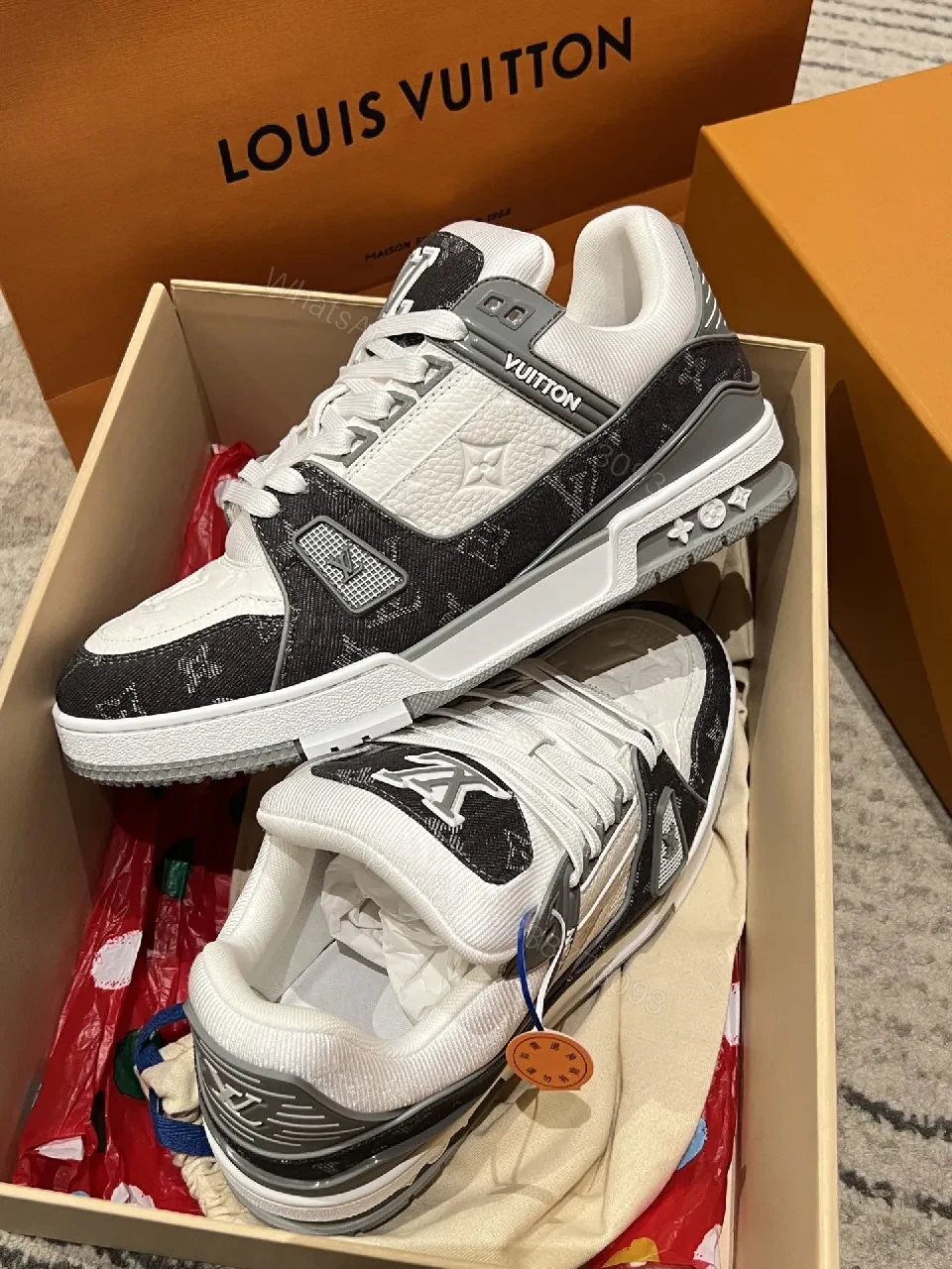 View 6 of Two-Tone White & Black Leather Low-Top Sneaker with Luxury Details