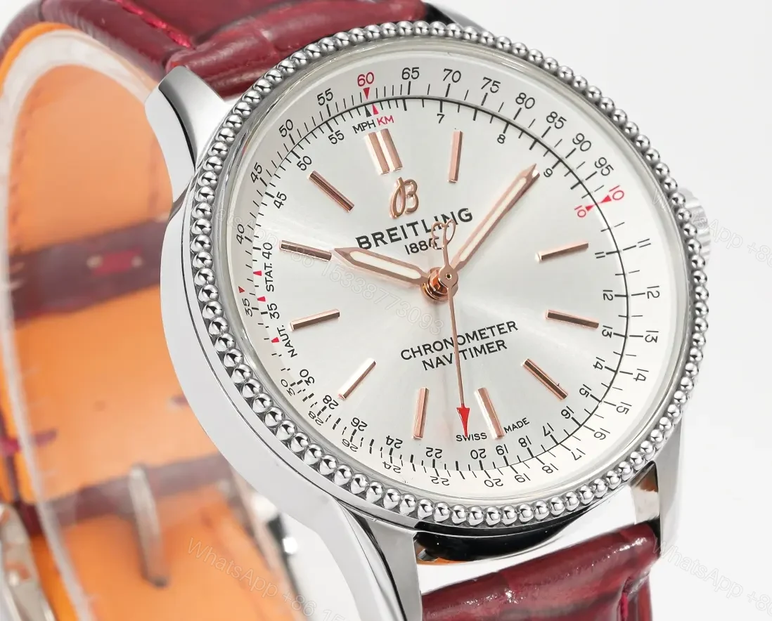 View 5 of GF Factory Breitling Women’s Navitimer Automatic Watch – Silver Dial with Red Leather Strap