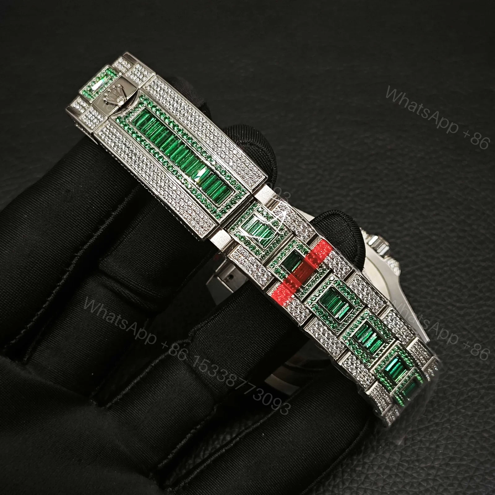 View 9 of Rolex Submariner Meteorite Diamond Replica 40MM Exclusive Green Baguette Steel Bracelet RG-ROLEX-SUB-METEORITE-GREEN-40
