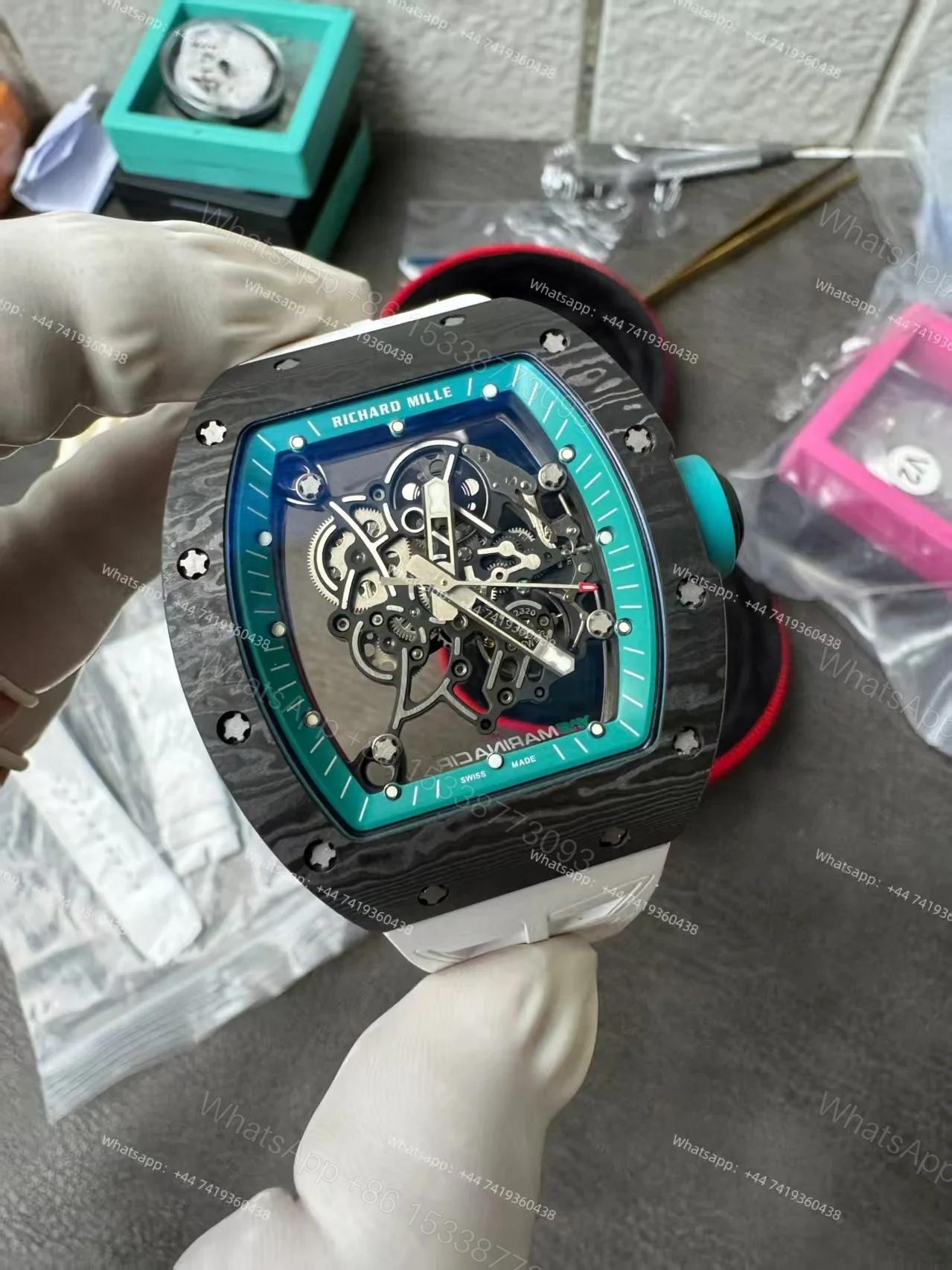 View 17 of Richard Mille RM 055 “Yas Marina Circuit” Carbon TPT Vaucher Free-Sprung White Rubber Strap Custom Super Clone