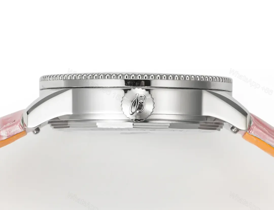View 6 of OM Factory Breitling Women’s Navitimer Automatic Watch – Pink Leather Strap, White Pearl Dial, Diamond Bezel