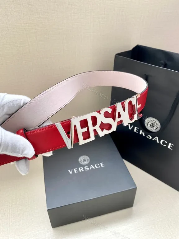 View 4 of Bold Red & Pink Versace Belt with Gold Logo Buckle