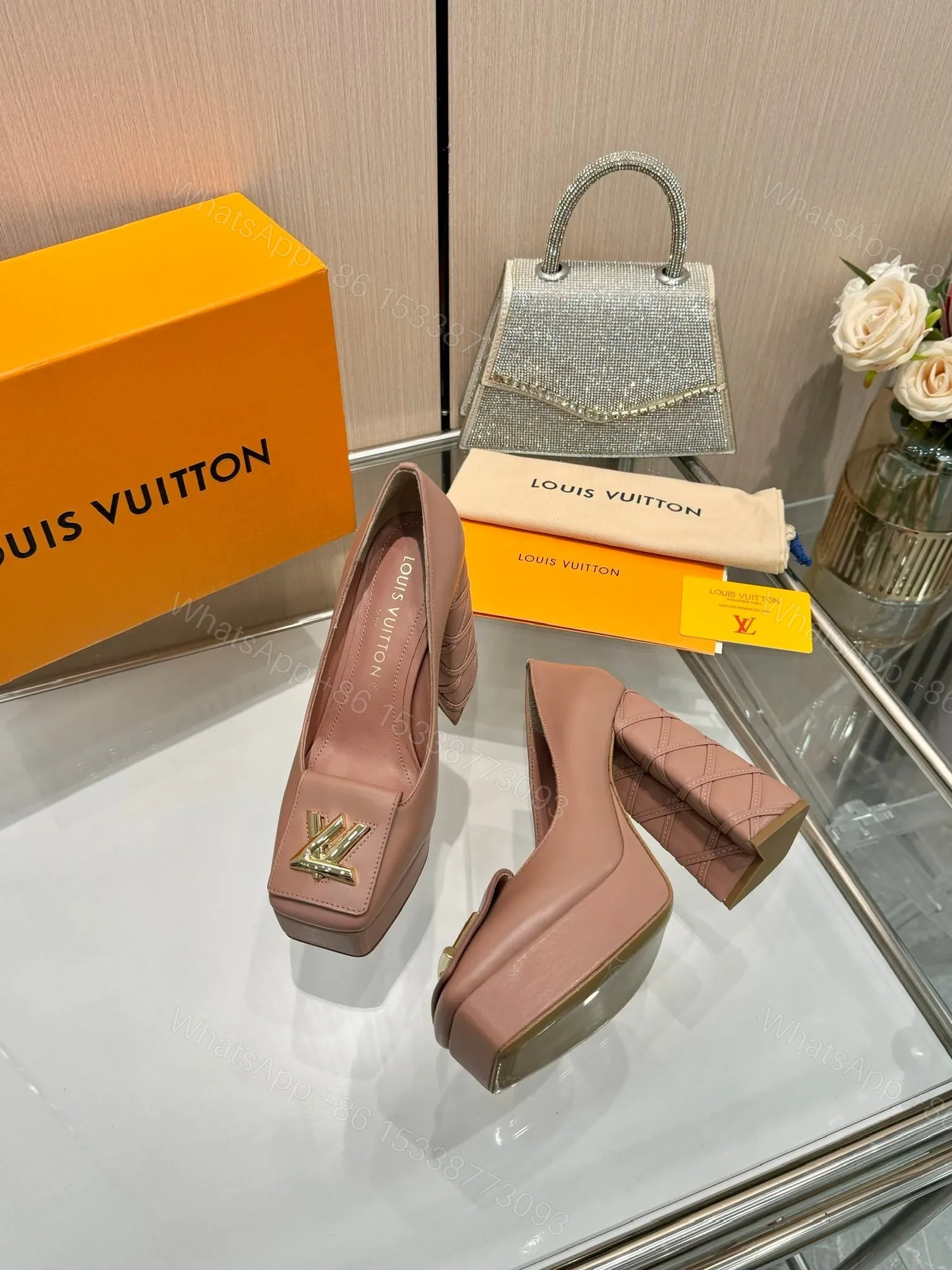 View 4 of LV Women Pink Leather Quilted Block Heels