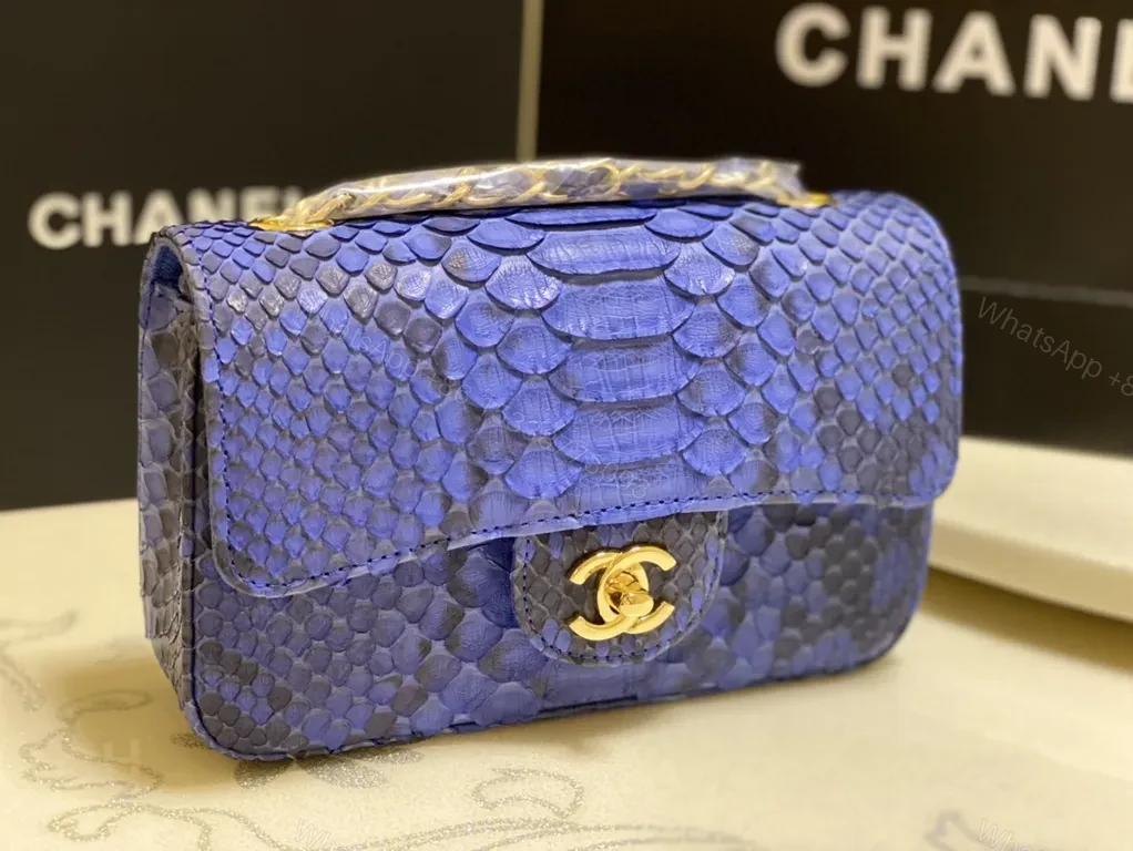 View 7 of Blue Python-Texture Wallet Bag with Gold Logo Luxury Crossbody