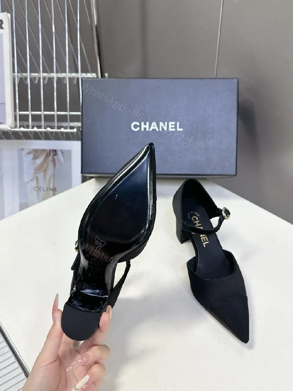 View 3 of Chic Black Pointed-Toe Heels with Ankle Strap