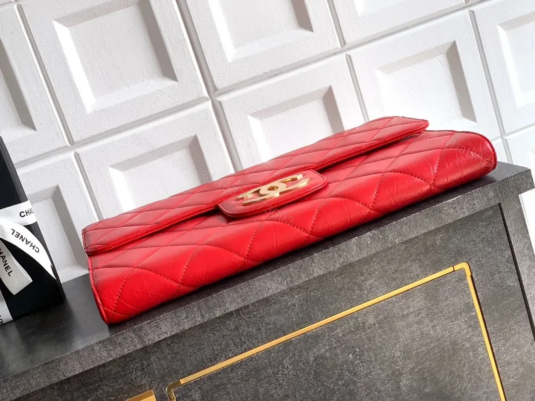 View 2 of Bold Red Quilted Leather Clutch, Gold Hardware, Envelope Style