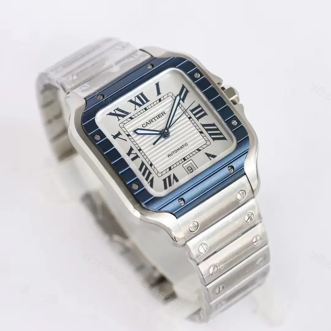 View 2 of Cartier super clone Santos Blue Bezel White Dial Steel Bracelet 40MM Premium RG-CARTIER-SANTOS-BLU-BEZ-WHT-STL-40