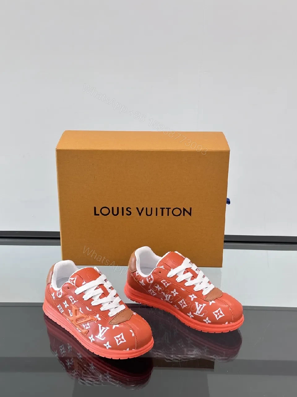 View 9 of Bold Orange-Red Monogram Sneaker: Luxe Designer-Inspired High-Tops