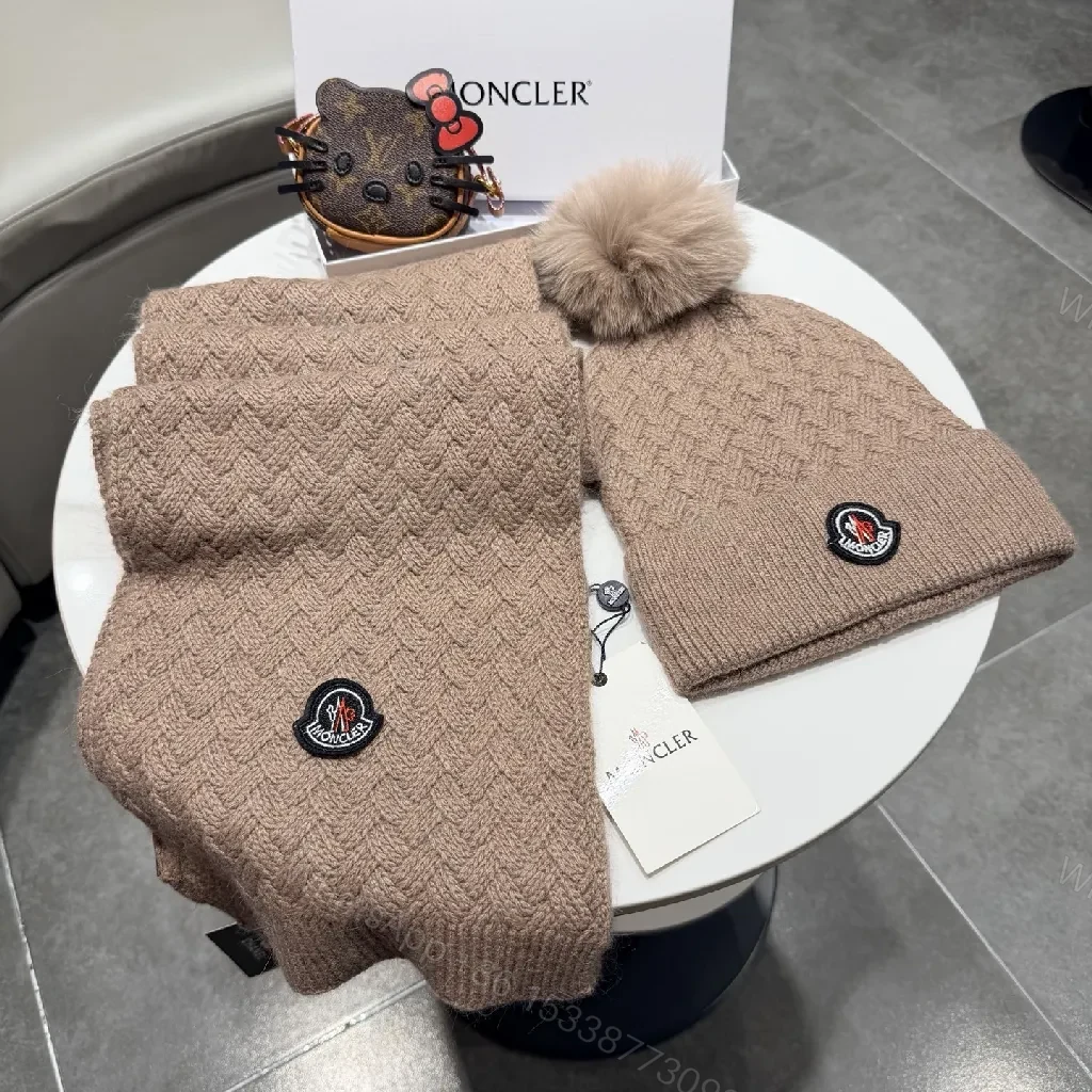 View 3 of Camel Knit Set: Plush Beanie & Scarf with Crest Detailing
