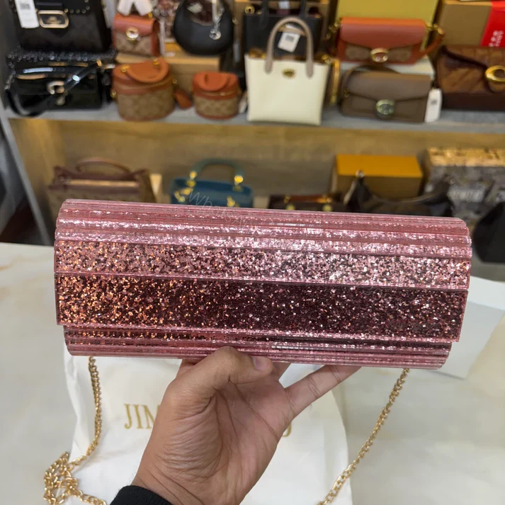 View 8 of FIRST COPY JIMMY CHOO ROSE GLITTER WEATIE CLUTCH HANDBAG