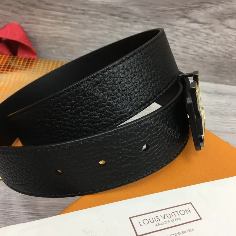 View 2 of Statement Black Pebbled Leather Belt with Gold Buckle - Luxury 38mm Belt