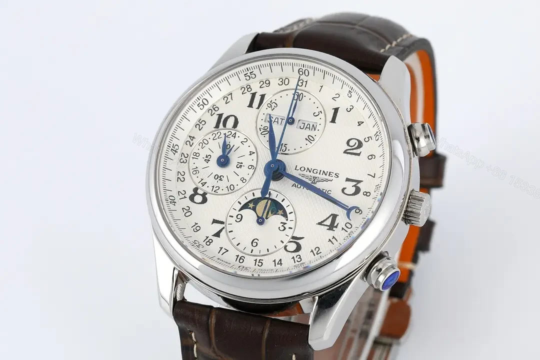View 2 of Longines Master Collection Moonphase Eight Hand V4 Edition Silver Dial Brown Leather Strap Stainless Steel Case