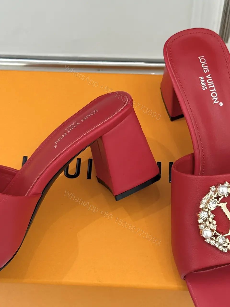View 4 of Red Satin Luxe Slides with Crystal Buckle - Open-Toe 2-Inch Heel