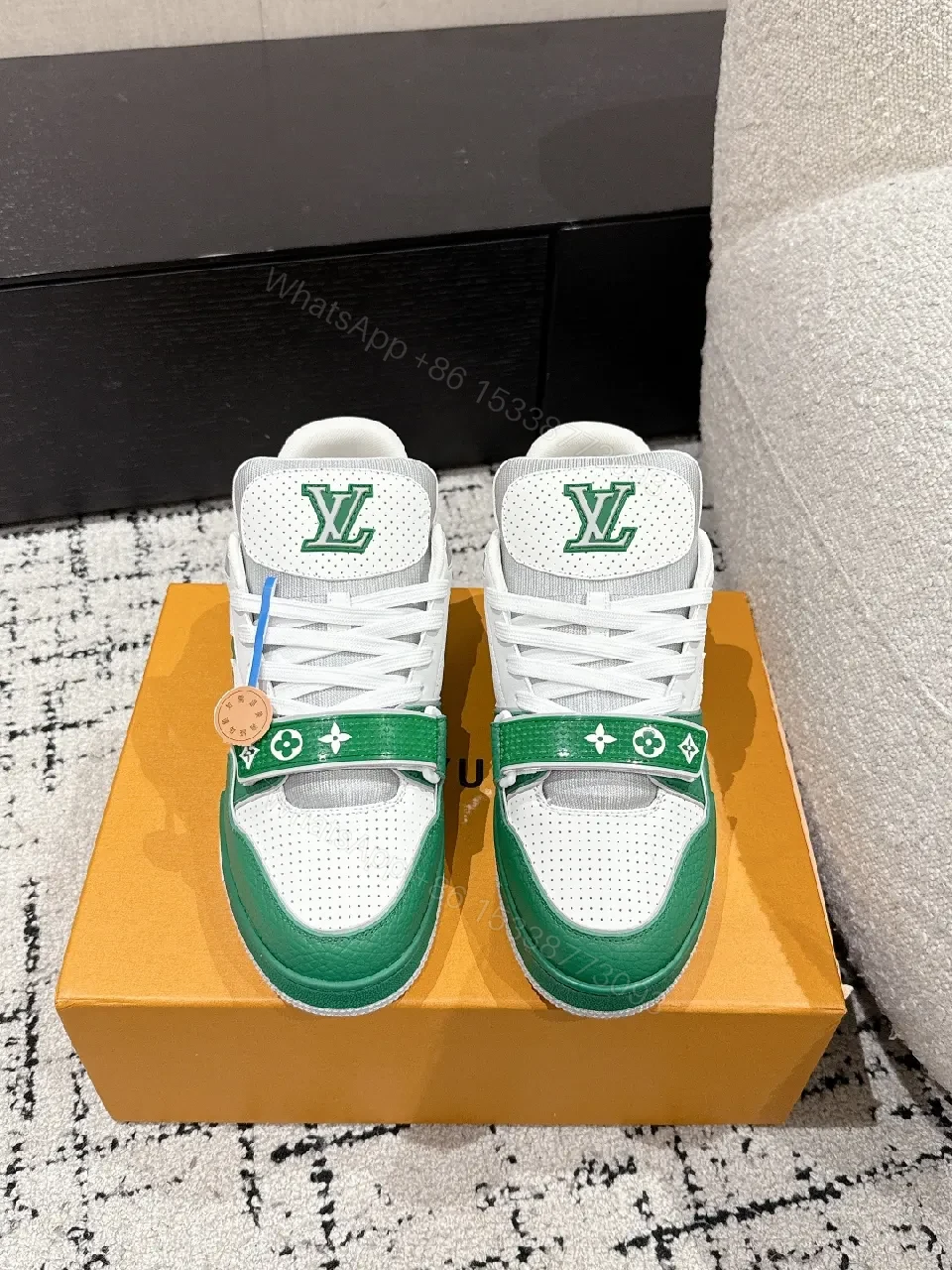 View 7 of White-Green Luxury Trainers: Textured Leather, Midfoot Strap Sneaker
