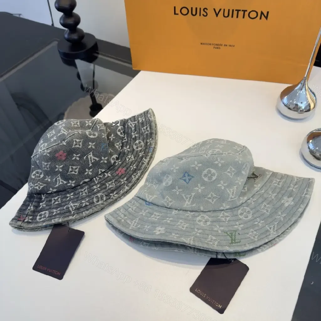 View 7 of Grey Denim-Feel Bucket Hat Monogram Detail, Unisex Style