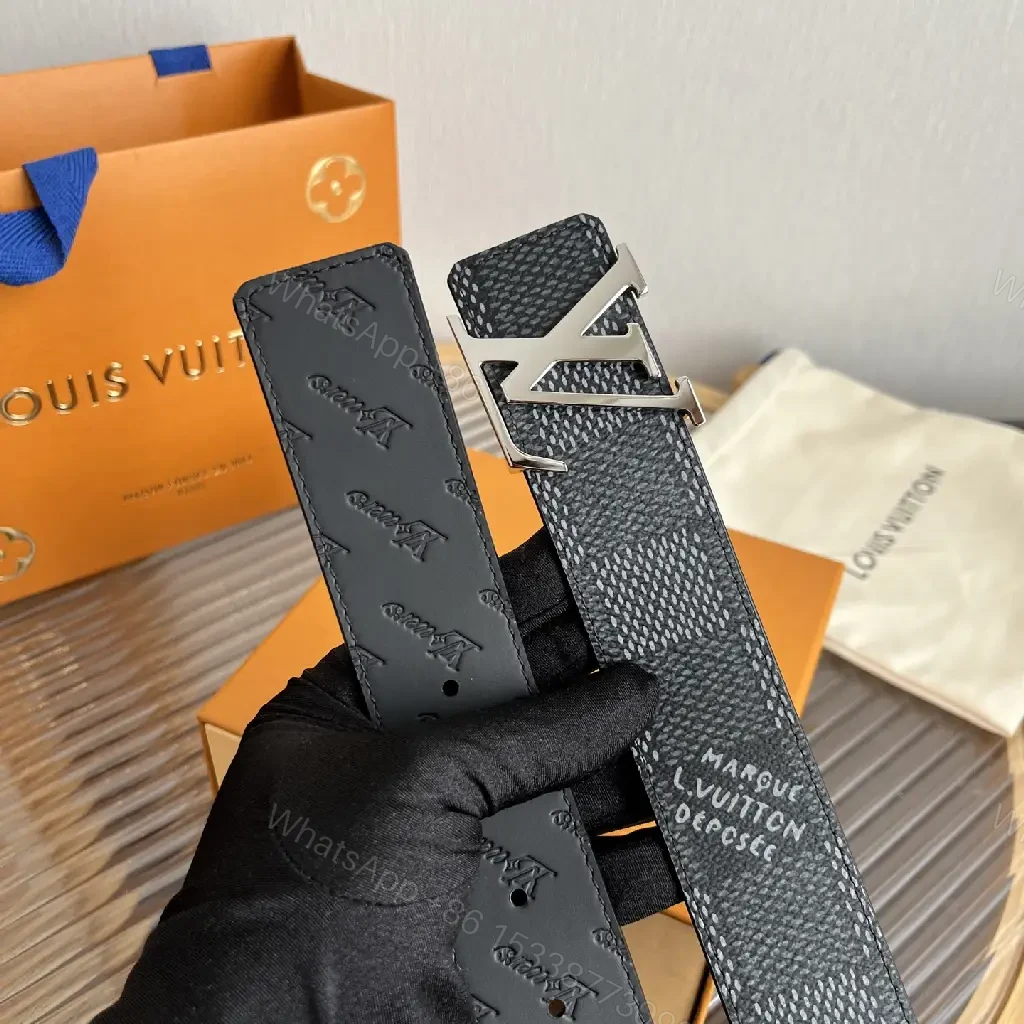 View 4 of Black & Gray Belt with LV Buckle - Modern Geometric Monogram Strap