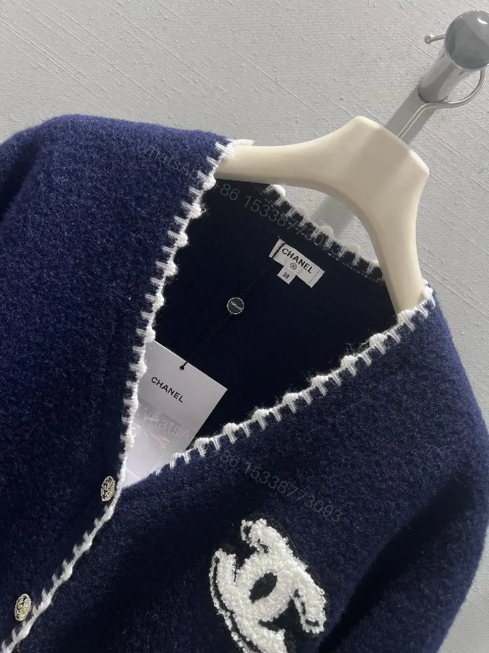 View 6 of Navy Bouclé Knit Cardigan with Logo Detail