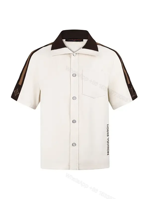 Beige Cotton Shirt Jacket with Black Stripes, Louis Vuitton, Short Sleeve, Front Pocket, Classic Style — view 1