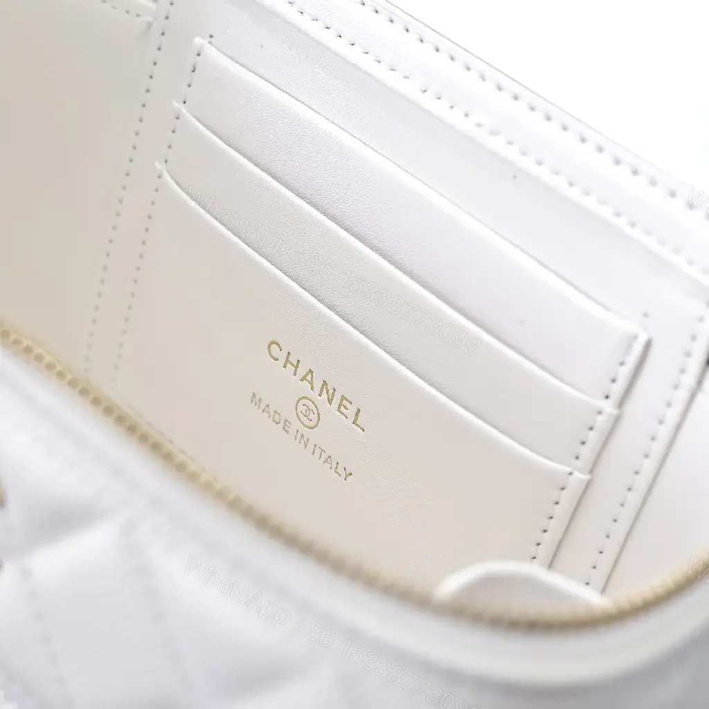View 9 of Quilted White Belt Bag with Gold Emblem, Compact Luxury