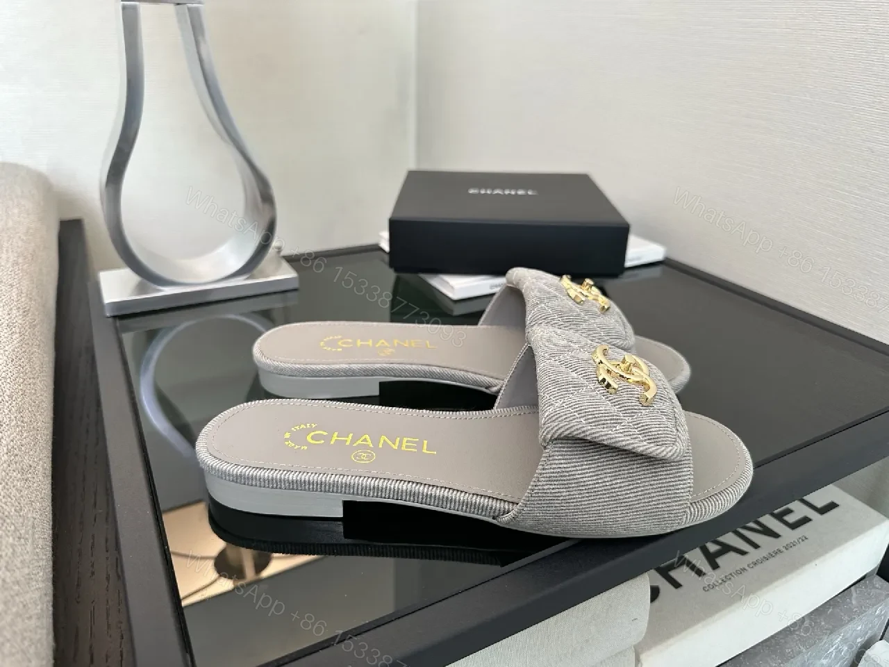 View 6 of Soft Denim Slides + Denim Texture + Minimalist Luxury + Gold Emblem + Slides
