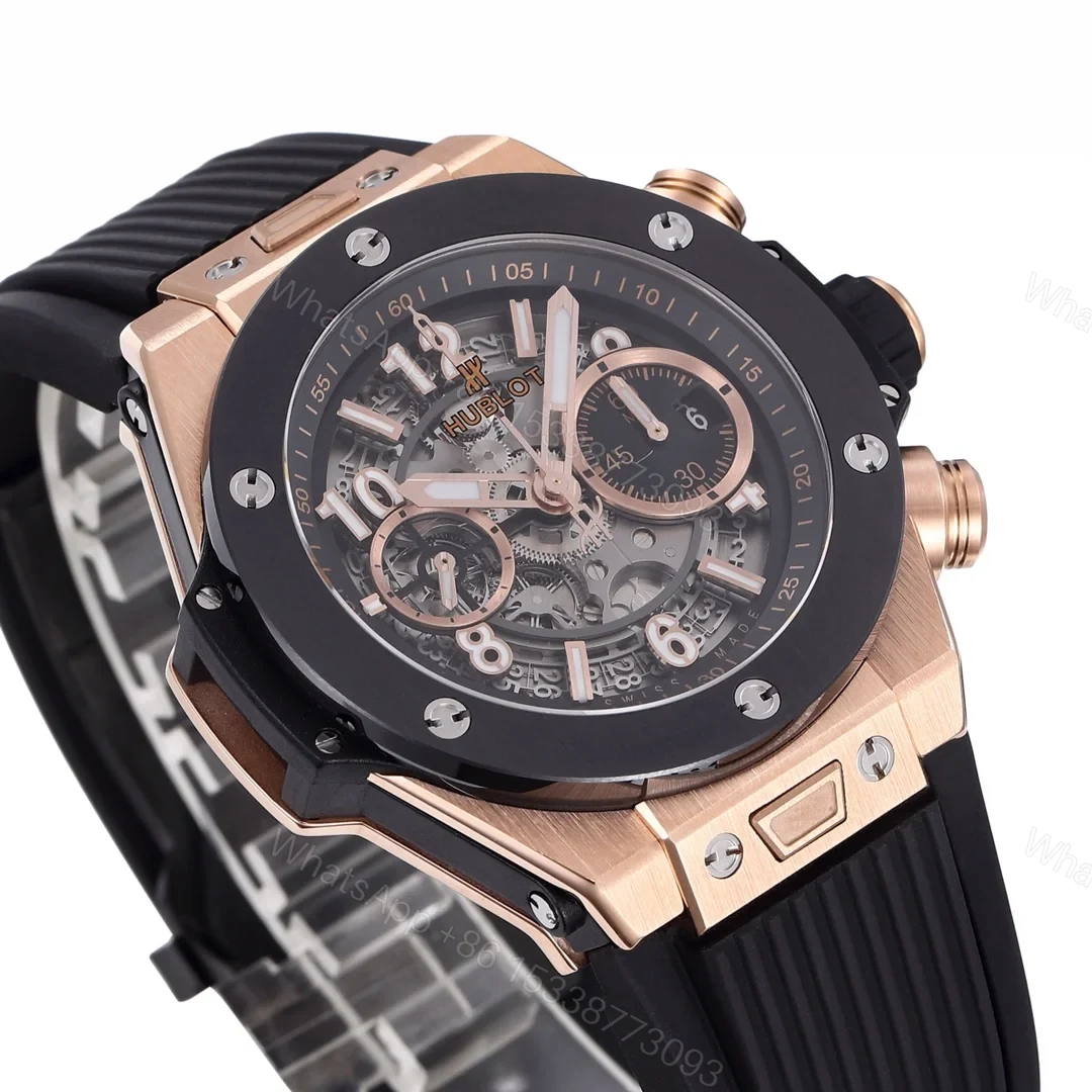 View 6 of Hublot Big Bang Rose Gold Replica 44MM Premium Black Bezel Rubber Strap Edition RG-HUBLOT-BIGBANG-RG-44