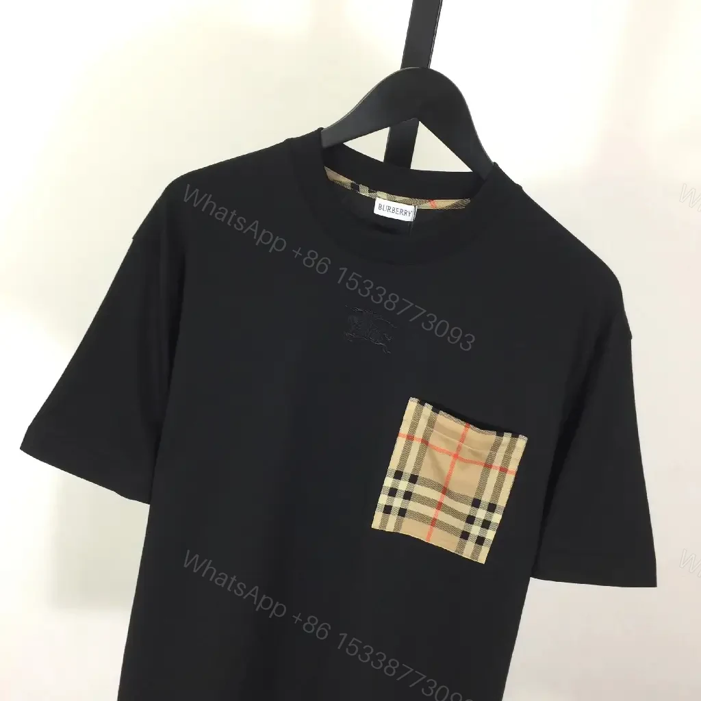 View 4 of Black Cotton Tee with Plaid Pocket - Premium Casual Shirt