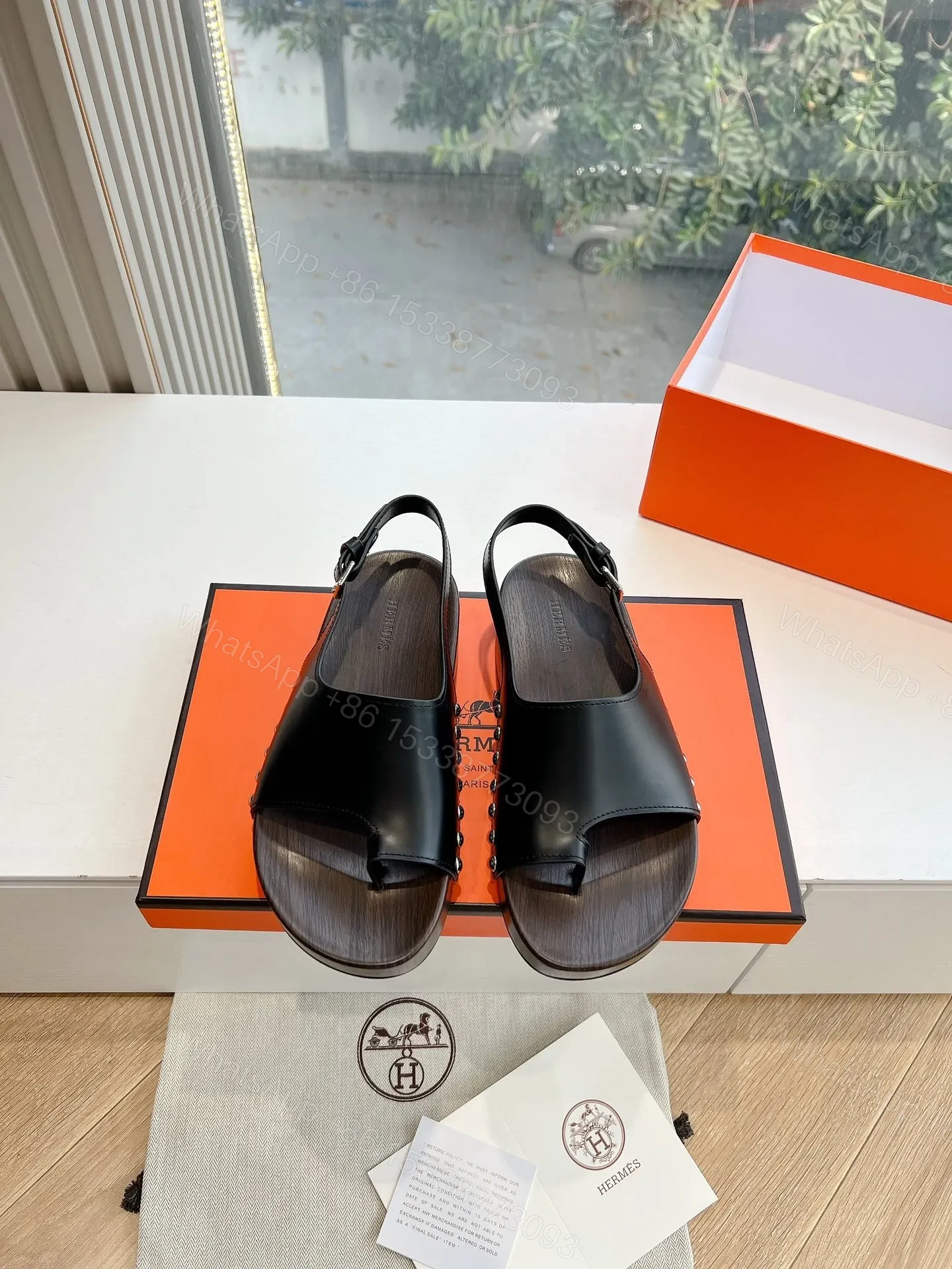 View 5 of Hermes Women Black Leather Slingback Sandals