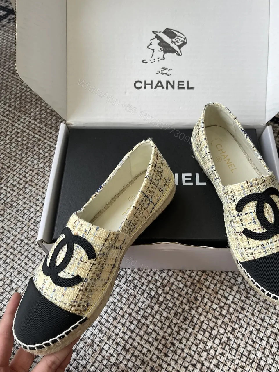 View 4 of Textured Tweed Espadrille Loafers with Logo Signature