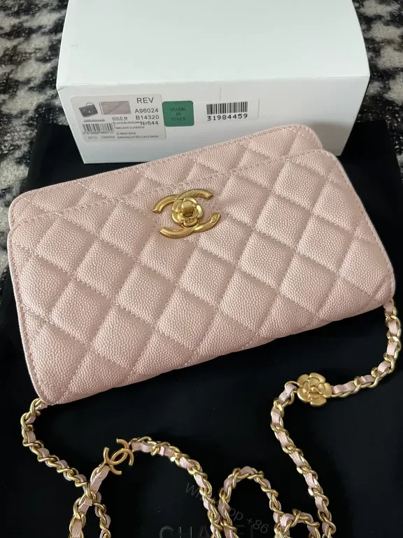 View 4 of Chic Quilted Blush Pebbled Leather Bag with Gold Logo - Shoulder Style