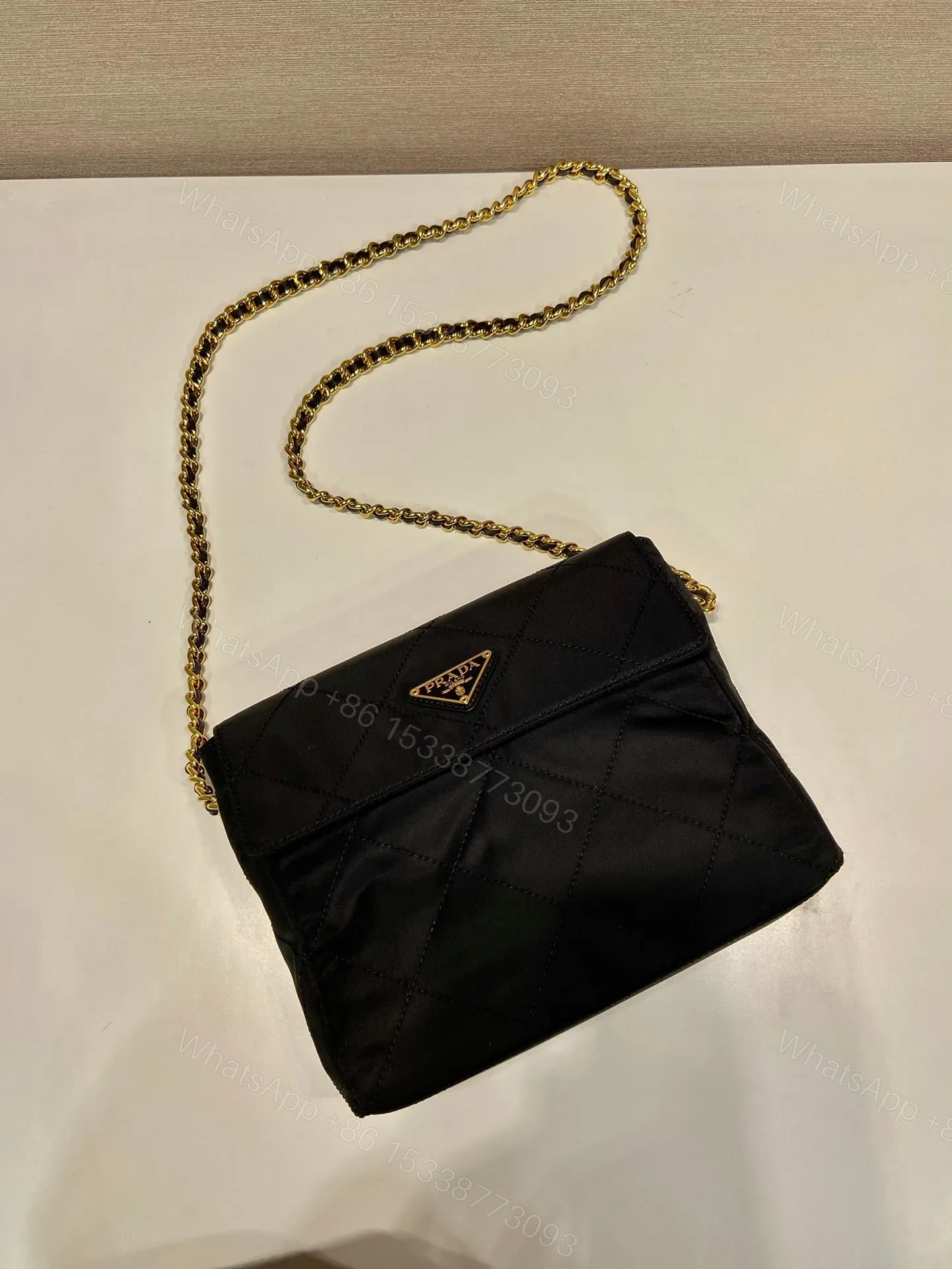 View 3 of LARGE QUILTED FLAP BAG 23 IN BLACK RE-NYLON FABRIC GOLD CHAIN