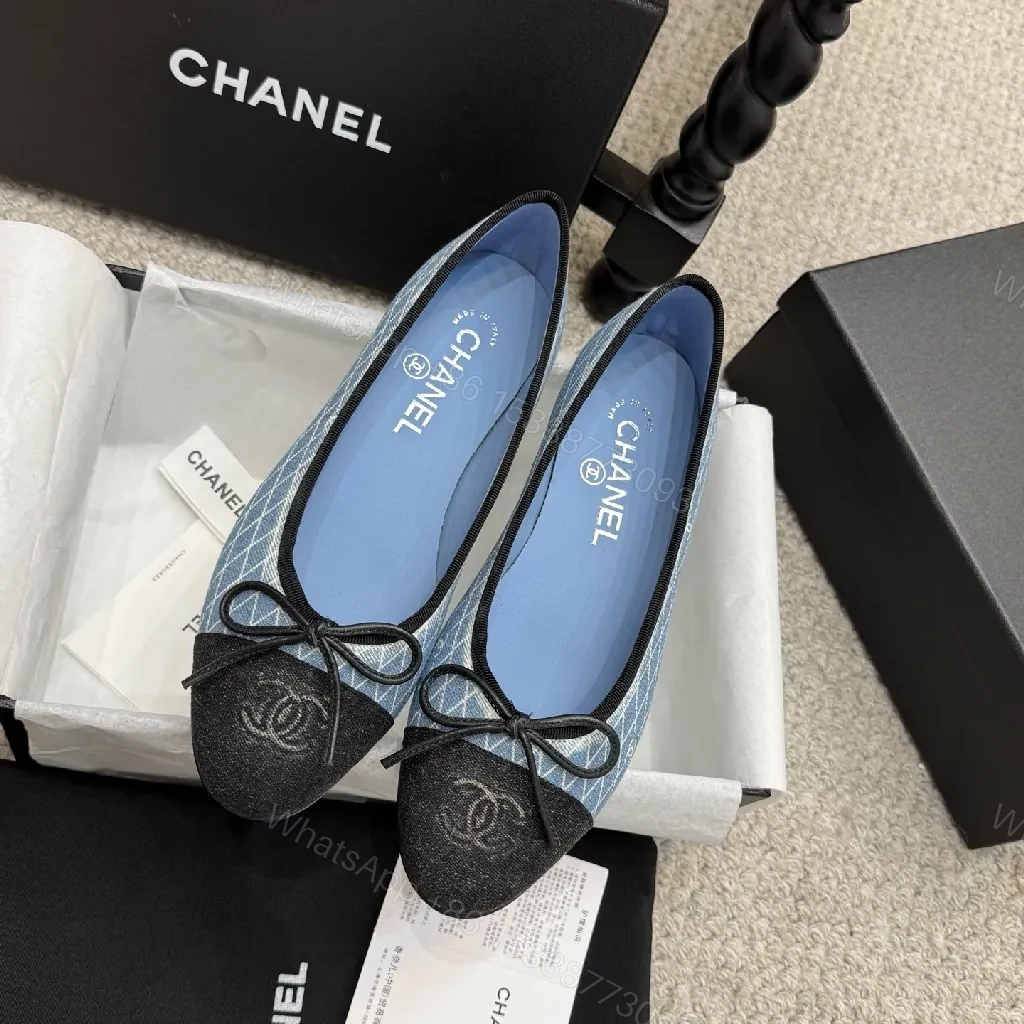 View 6 of Denim-Texture Pointed-Toe Flats with Monogram Detail – Luxe Everyday Style