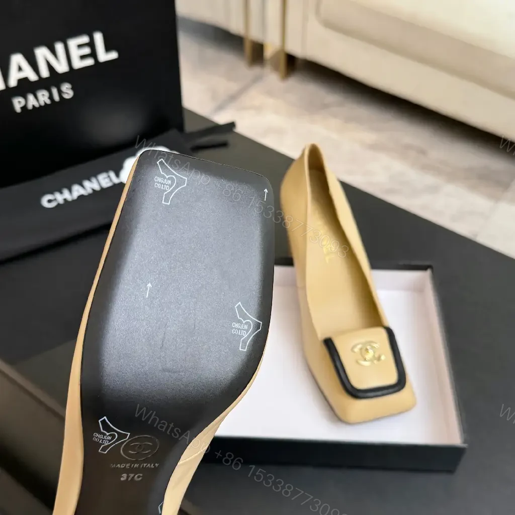 View 6 of Beige Leather Block-Heel Pumps with Hardware Details