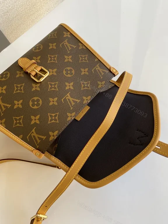 View 2 of Louis Vuitton-inspired Monogram Crossbody with Tan Leather Trim