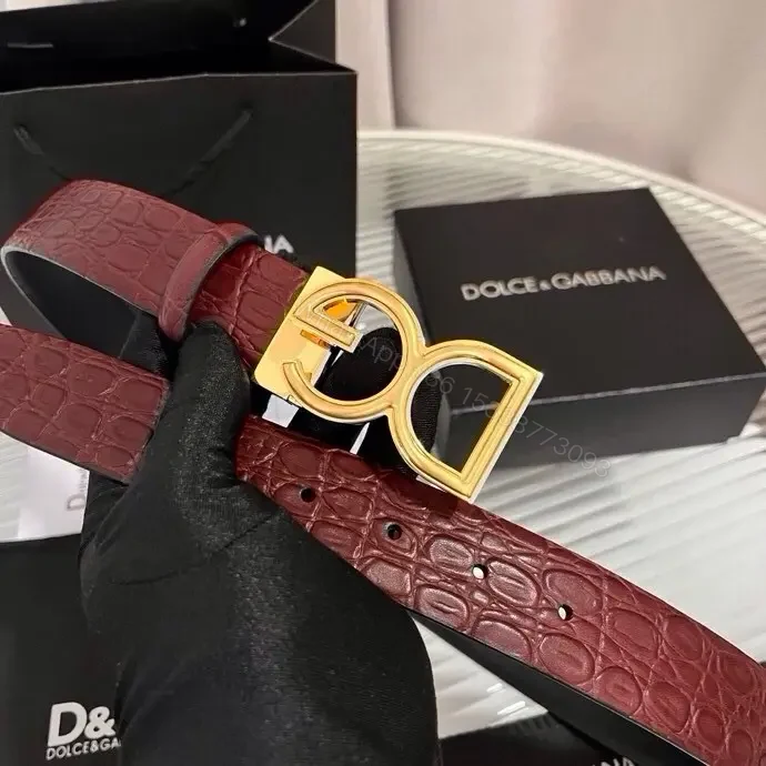 View 3 of Burgundy Crocodile-Texture Belt with Gold DG Buckle