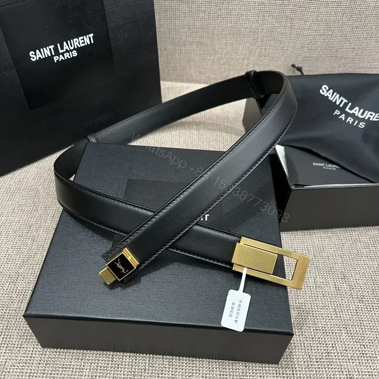 View 5 of Chic Black Leather Belt with Gold YSL-Inspired Clasp