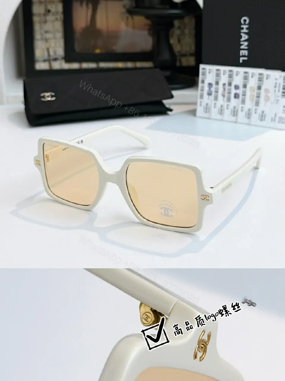 View 10 of Black Frame Oversized Sunglasses with Gold Chanel Logos, Matte Gray Lenses
