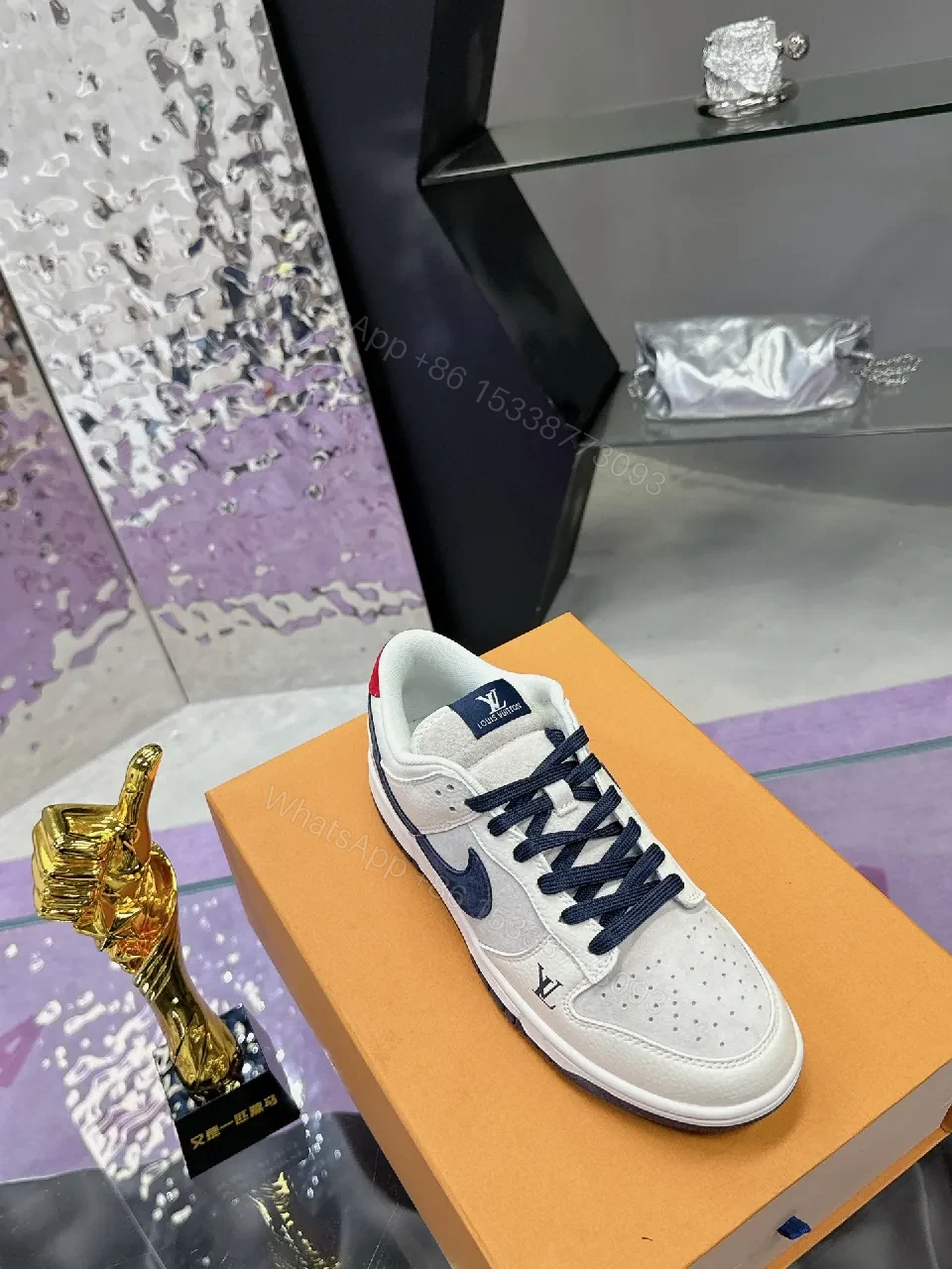 View 3 of White Leather Navy Accented Low-Top Sneakers: Premium Comfort, Subtle LV-Inspired Detailing