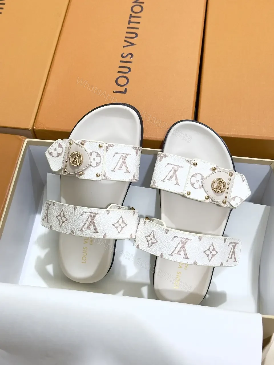 View 6 of White Canvas Luxury Monogram Sandals