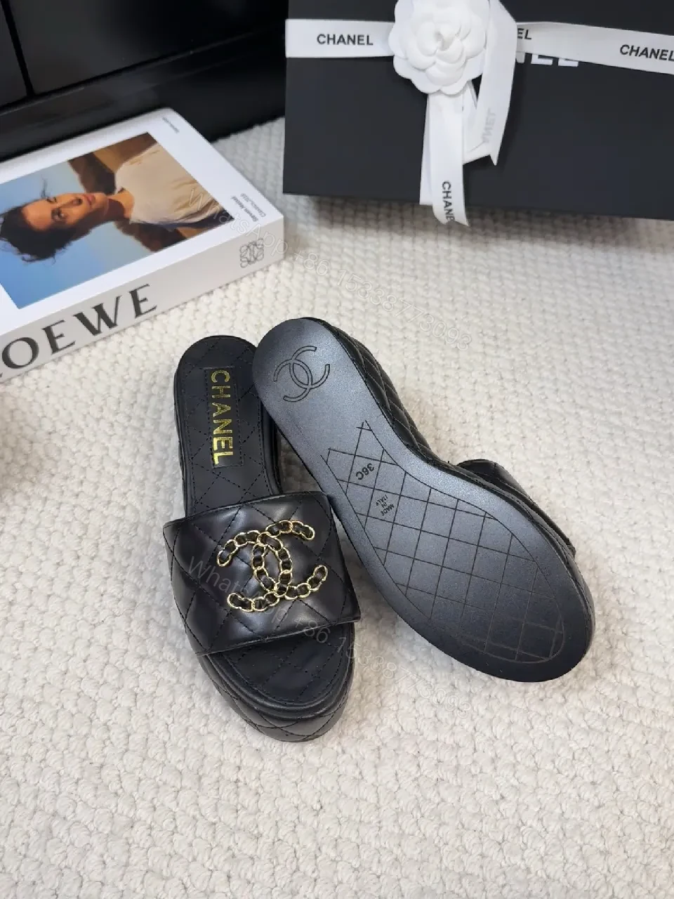 View 8 of Chic Quilted Mules: Black Vegan Leather, Gold Logo Slide