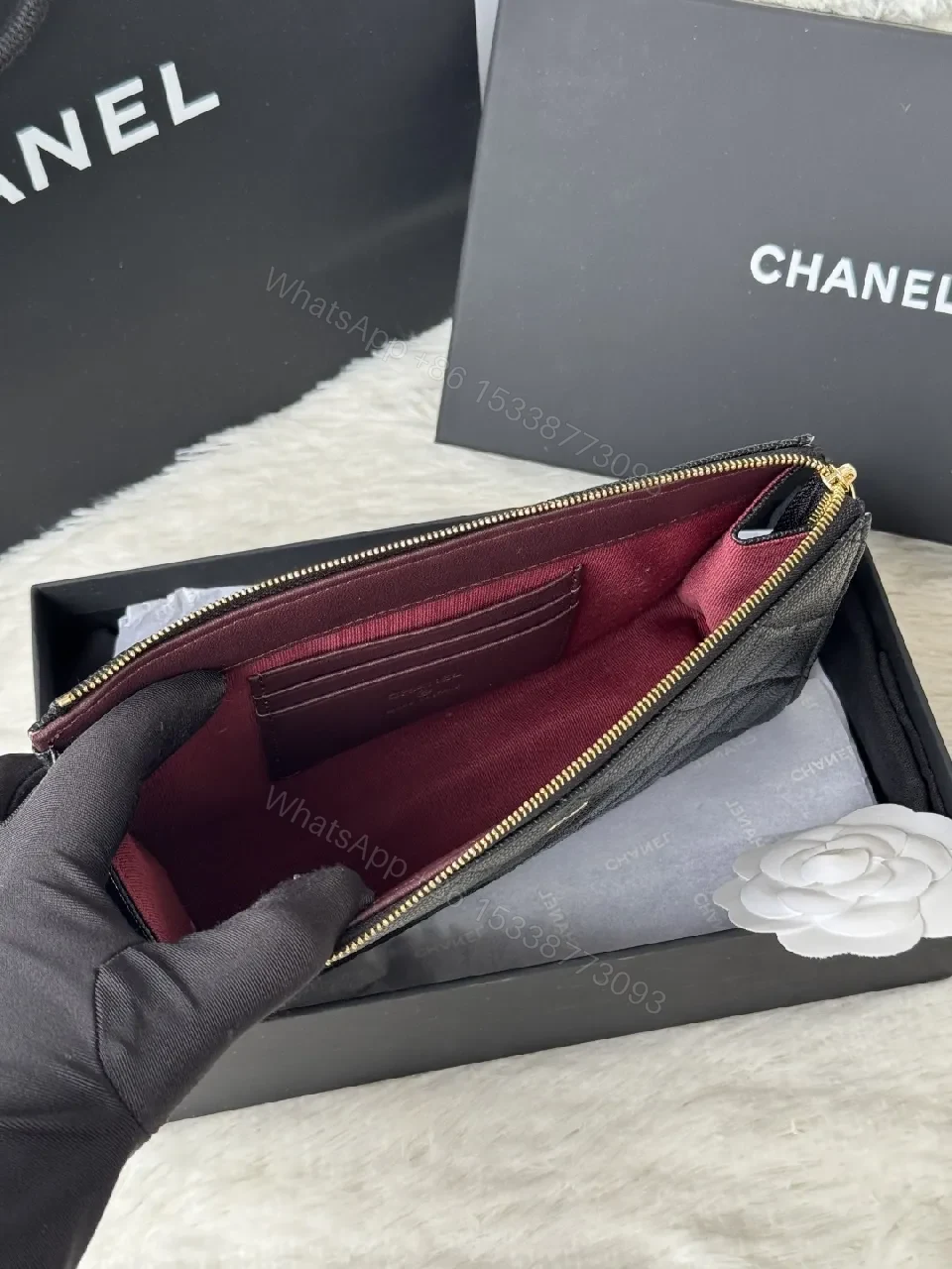 View 2 of Quilted Black Leather Wallet with Gold Hardware Luxe
