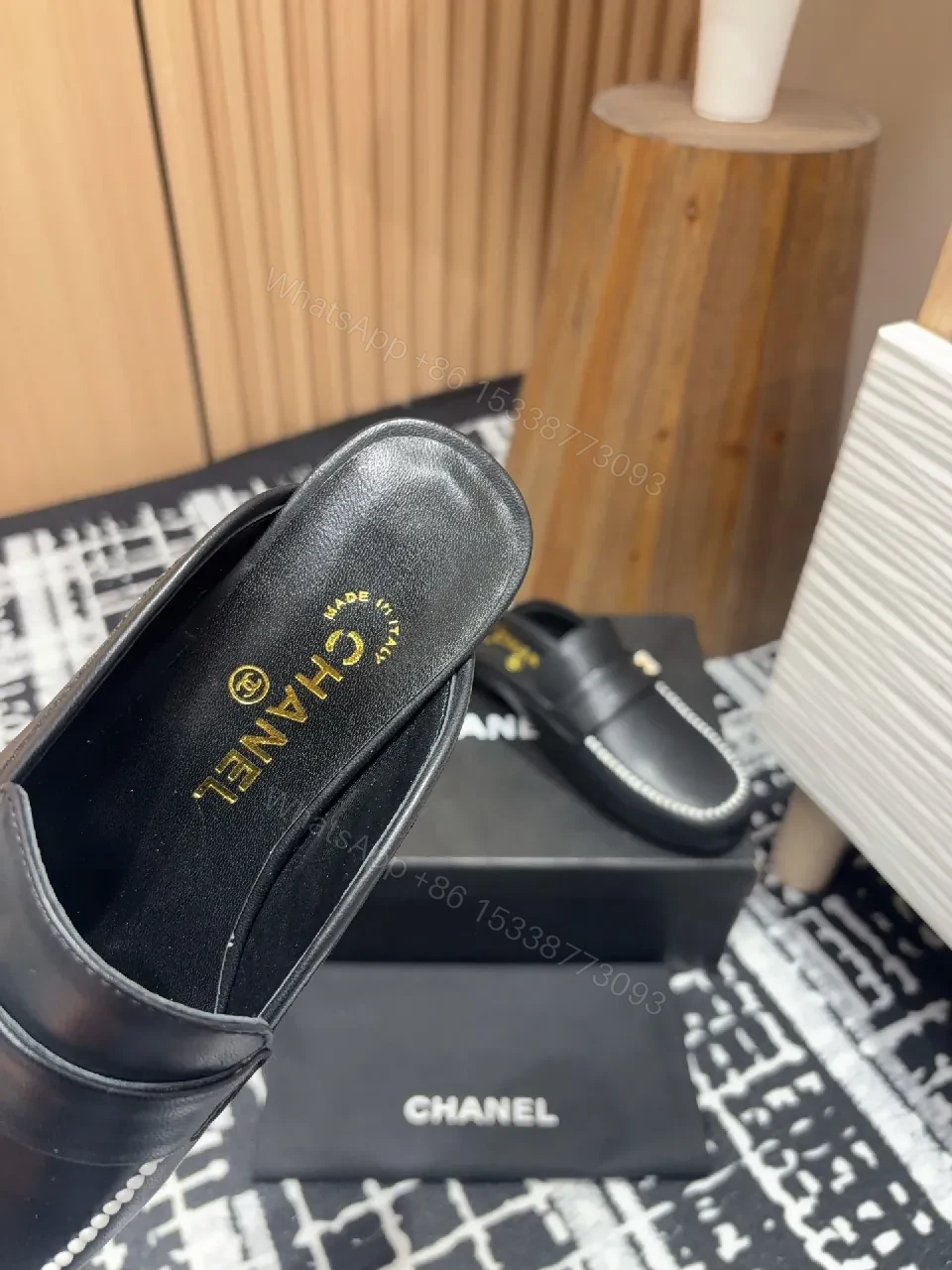 View 7 of Pearl-Trim Leather Mules – Black, Gold Hardware, Luxury Style