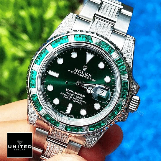 View 6 of Rolex Submariner Hulk 116610LV Diamond Green Dial Iced Out Replica