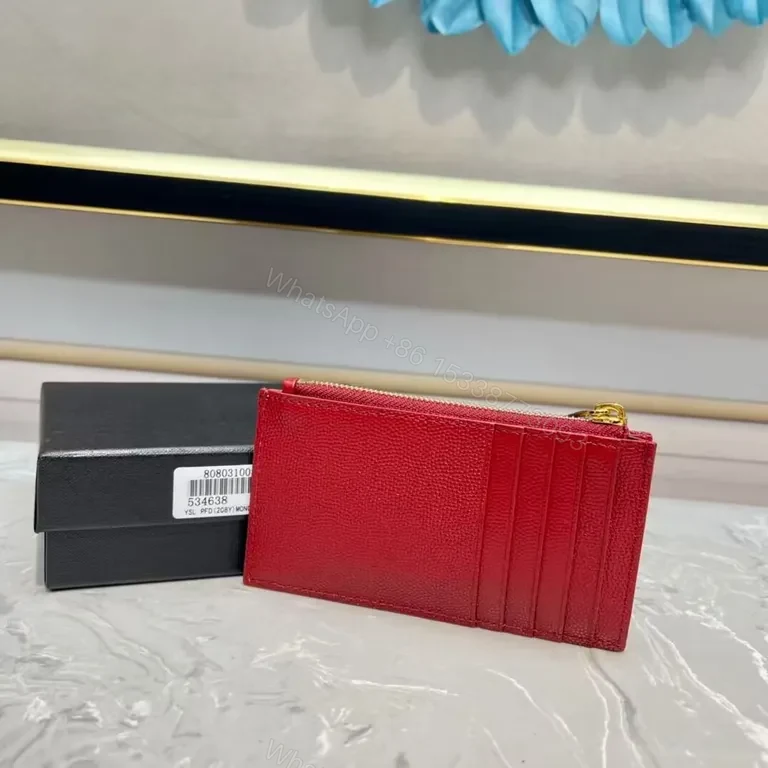 View 3 of Compact Red Quilted Wallet with Gold YSL Logo